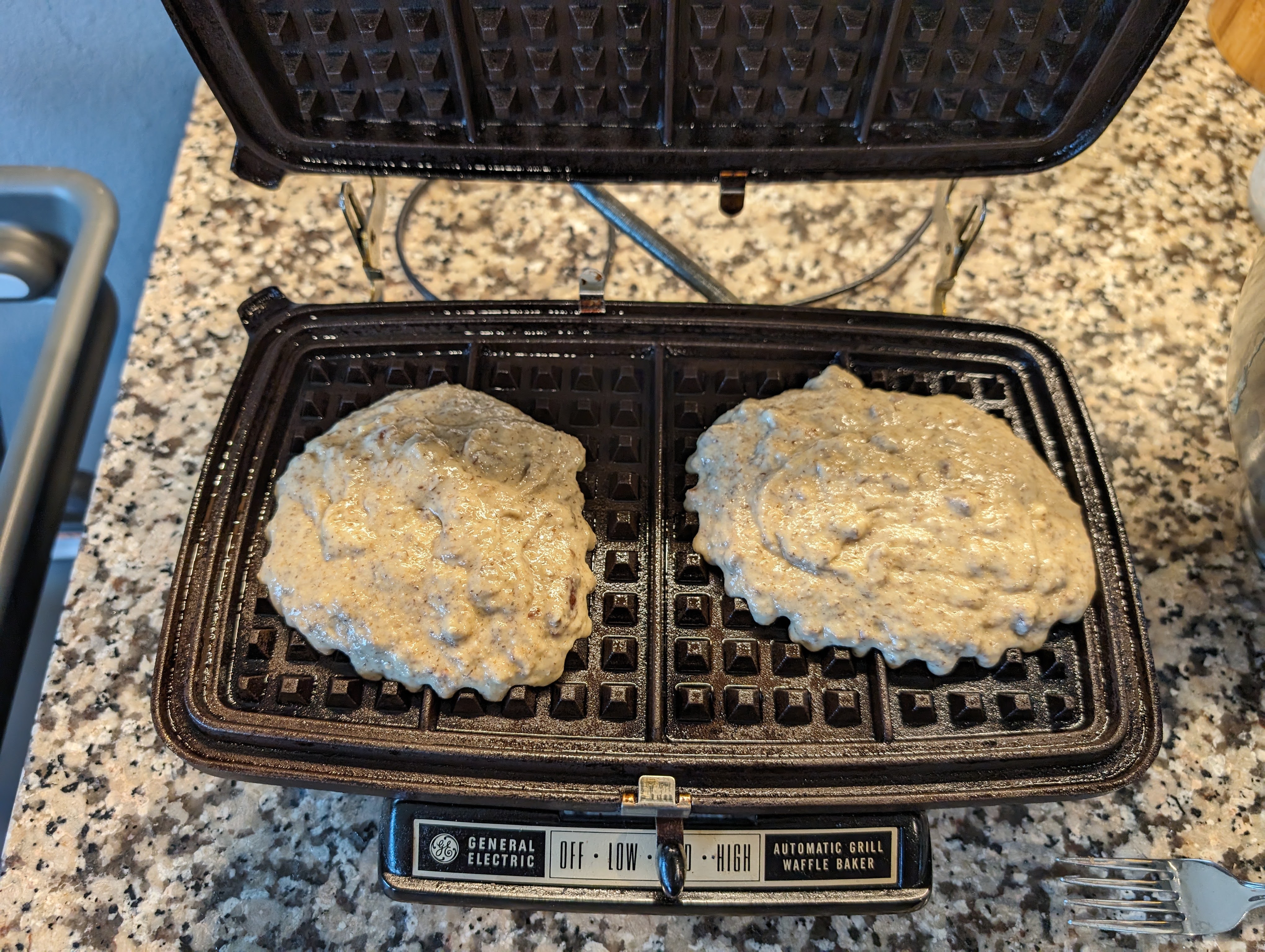 waffle batter on waffle iron